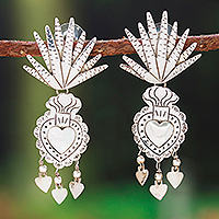 Kronleuchter-Ohrringe aus Sterlingsilber, „Herzen und Natur“ – Kronleuchter-Ohrringe aus Sterlingsilber mit Herz und Agave von Taxco