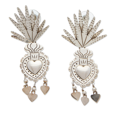 Sterling silver chandelier earrings, 'Hearts and Nature' - Taxco Sterling Silver Heart and Agave Chandelier Earrings