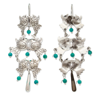 Turquoise waterfall earrings, 'Bird Fantasy' - Taxco 925 Silver Turquoise Bird-Themed Waterfall Earrings