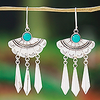 Turquoise chandelier earrings, 'Fan Delight' - Taxco 925 Silver Turquoise Fan-Shaped Chandelier Earrings