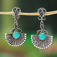 Pendientes colgantes turquesa - Pendientes colgantes con temática de abanico de color turquesa y plata de ley de Taxco