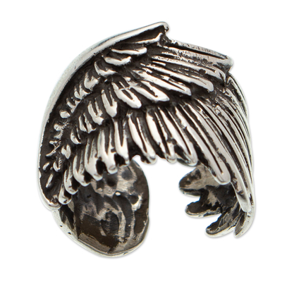 Anillo cruzado de plata de ley para hombre - Anillo envolvente con temática de alas de plumas de plata de ley Taxco para hombre