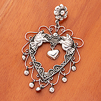 Sterling silver pendant, 'Bird Love' - Bird Heart and Floral Themed Taxco Sterling Silver Pendant