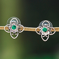 Pendientes de botón turquesa, 'La floración de la esperanza' - Pendientes florales de plata de ley y botón turquesa natural