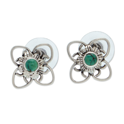 Turquoise button earrings, 'The Bloom of Hope' - Floral Sterling Silver and Natural Turquoise Button Earrings
