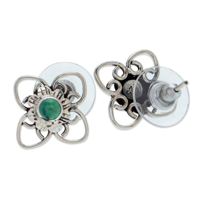 Turquoise button earrings, 'The Bloom of Hope' - Floral Sterling Silver and Natural Turquoise Button Earrings