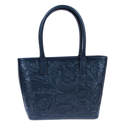 Leather shoulder bag, 'Midnight Floral Artistry' - Midnight Blue Embossed Shoulder Bag with Zippered Pockets