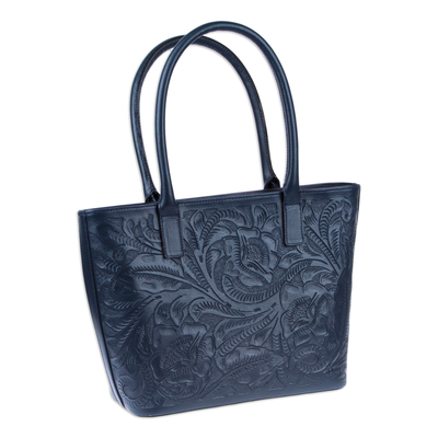 Leather shoulder bag, 'Midnight Floral Artistry' - Midnight Blue Embossed Shoulder Bag with Zippered Pockets