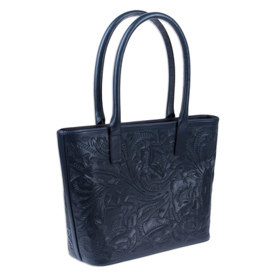 Leather shoulder bag, 'Midnight Floral Artistry' - Midnight Blue Embossed Shoulder Bag with Zippered Pockets