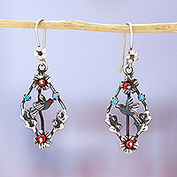 Beaded sterling silver dangle earrings, 'Diamonds of Peace' - Diamond-Shaped Sterling Silver Dangle Earrings from Mexico