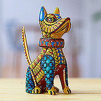 Wood alebrije figurine, 'Cyan Spike' - Geometric Ochre and Cyan Copal Wood Alebrije Dog Figurine
