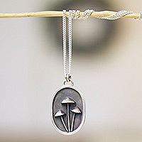Sterling silver pendant necklace, 'Memory of the Woods' - Mushroom-Themed Pendant Necklace in a Combination Finish