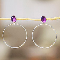 Amethyst dangle earrings, 'Sage Cycle' - Round Sterling Silver and Natural Amethyst Dangle Earrings