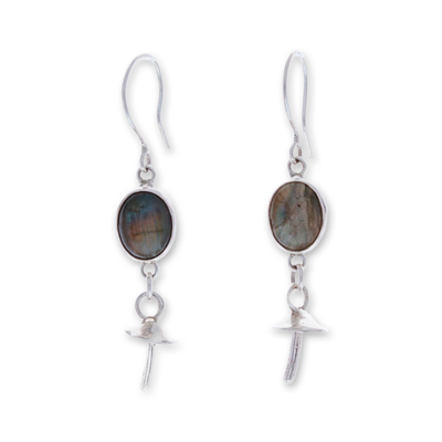Labradorite dangle earrings, 'Sylvan Protector' - Mushroom-Shaped Natural Labradorite Dangle Earrings