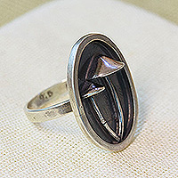 Sterling silver cocktail ring, 'Memory of the Woods' - Mushroom-Themed Cocktail Ring in a Combination Finish