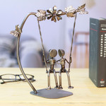 Auto part statuette, 'Romantic Swing' - Eco-Friendly Recycled Auto Part Statuette of Couple in Swing
