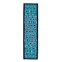 Alfombra de lana, 'Blue Geometry' (3x10) - Alfombra de lana tejida a mano en azul turquesa y verde (3x10)