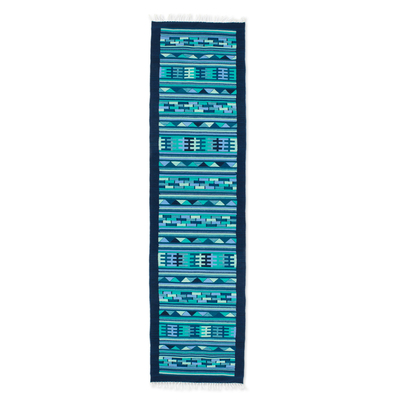 Wool runner rug, 'Blue Geometry' (3x10) - Handwoven Wool Runner Rug in Blue Turquoise and Green (3x10)