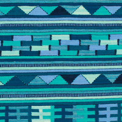 Alfombra de pasillo de lana, (3x10) - Alfombra de pasillo de lana tejida a mano en azul turquesa y verde (3x10)