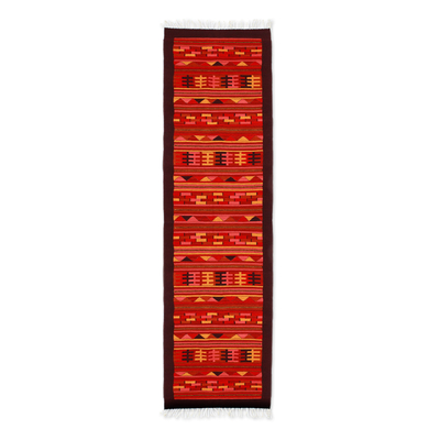 Wool runner rug, 'Red Geometry' (3x10) - Hand-Woven Wool Runner Rug in Red Brown and Orange (3x10)