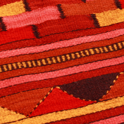 Wool runner rug, 'Red Geometry' (3x10) - Hand-Woven Wool Runner Rug in Red Brown and Orange (3x10)
