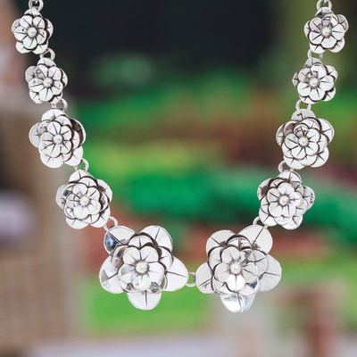 Sterling silver statement necklace, 'Divine Blossoming' - High-Polished Floral Sterling Silver Statement Necklace