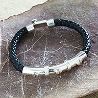 Men's leather and sterling silver pendant bracelet, 'Today's Resilience' - Men's Black Leather and Sterling Silver Pendant Bracelet