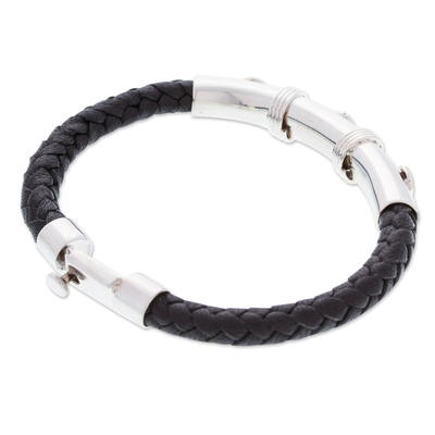 Men's leather and sterling silver pendant bracelet, 'Today's Resilience' - Men's Black Leather and Sterling Silver Pendant Bracelet