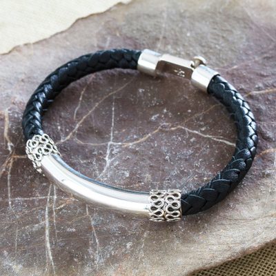 Men's leather and sterling silver pendant bracelet, 'Today's Gallantry' - Men's Classic Leather and Sterling Silver Pendant Bracelet