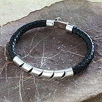 Men's leather and sterling silver pendant bracelet, 'Today's Heroism' - Men's Modern Leather and Sterling Silver Pendant Bracelet