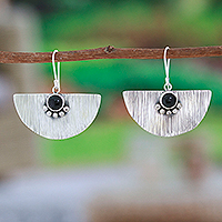 Obsidian dangle earrings, 'Exquisite Shapes' - Modern Taxco 925 Silver Dangle Earrings with Obsidian Stone