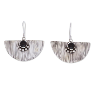 Obsidian dangle earrings, 'Exquisite Shapes' - Modern Taxco 925 Silver Dangle Earrings with Obsidian Stone