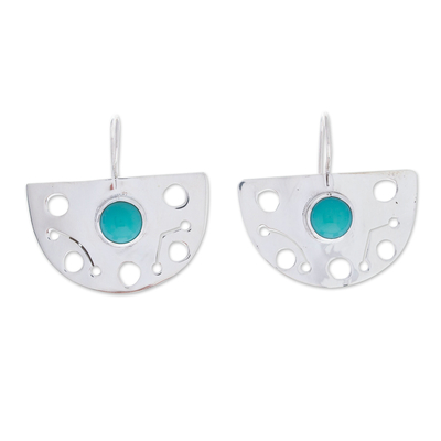 Turquoise drop earrings, 'Fan Spectacle' - Modern Openwork Taxco 925 Silver Turquoise Drop Earrings