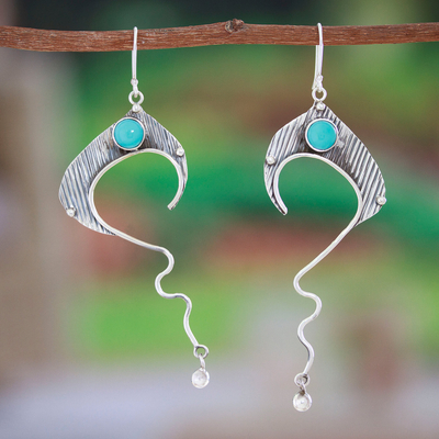 Turquoise dangle earrings, 'Abstract Flair' - Modern Taxco 925 Silver Dangle Earrings with Turquoise Stone