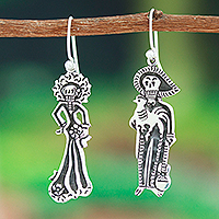 Sterling silver dangle earrings, 'Day of The Dead Mariachi' - Taxco Silver Mariachi Day of the Dead Themed Dangle Earrings