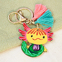 Wood keychain and bag charm, 'Aquatic Friend' - Hand-Painted Axolotl-Themed Wood Keychain and Bag Charm