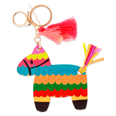 Wood keychain and bag charm, 'Vivacious Donkey' - Hand-Painted Donkey Themed Wood Keychain and Bag Charm