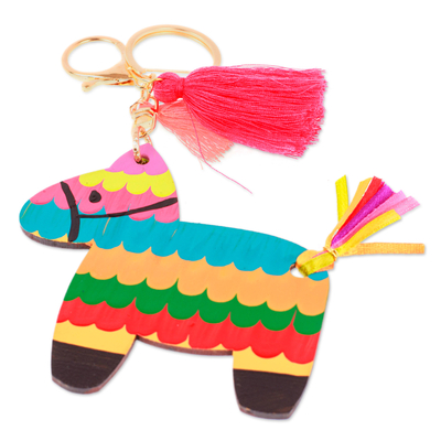 Wood keychain and bag charm, 'Vivacious Donkey' - Hand-Painted Donkey Themed Wood Keychain and Bag Charm