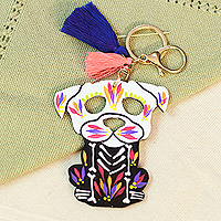 Wood keychain and bag charm, 'Day of the Dead Dog' - Hand-Painted Wood Day of the Dead Dog Keychain and Bag Charm