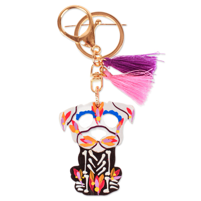 Wood keychain and bag charm, 'Petite Day of the Dead Dog' - Wood Day of the Dead Skeleton Dog Keychain and Bag Charm