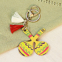 Wood keychain and bag charm, 'Festive Maracas' - Hand-Painted Maracas-Themed Wood Keychain and Bag Charm