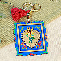 Wood keychain and bag charm, 'Sacred Adoration' - Hand-Painted Wood Golden Sacred Heart Keychain and Bag Charm