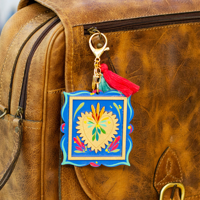 Wood keychain and bag charm, 'Sacred Adoration' - Hand-Painted Wood Golden Sacred Heart Keychain and Bag Charm