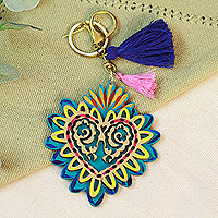 Wood keychain and bag charm, 'Shimmering Heart' - Hand-Painted Wood Heart Keychain & Bag Charm with Tassels