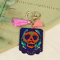 Wood keychain and bag charm, 'Mexican Custom' - Wood Day of the Dead Skull Keychain & Bag Charm with Tassels