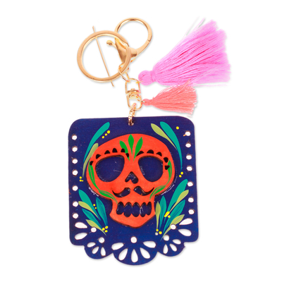 Wood keychain and bag charm, 'Mexican Custom' - Wood Day of the Dead Skull Keychain & Bag Charm with Tassels