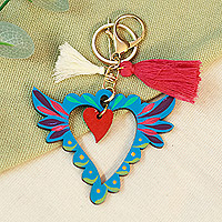 Llavero de madera y amuleto de bolso, 'Corazón alado' - Llavero de madera con temática de corazón alado pintado a mano y amuleto de bolso