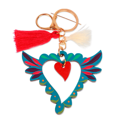 Wood keychain and bag charm, 'Winged Heart' - Hand-Painted Winged Heart-Themed Wood Keychain & Bag Charm