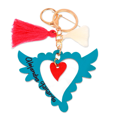 Wood keychain and bag charm, 'Winged Heart' - Hand-Painted Winged Heart-Themed Wood Keychain & Bag Charm