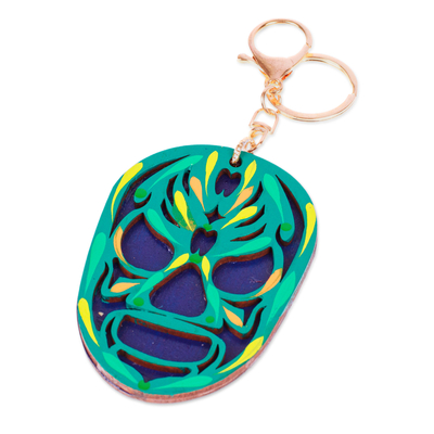 Wood keychain and bag charm, 'Mexican Wrestler' - Hand-Painted Wood Mexican Wrestler Mask Keychain & Bag Charm